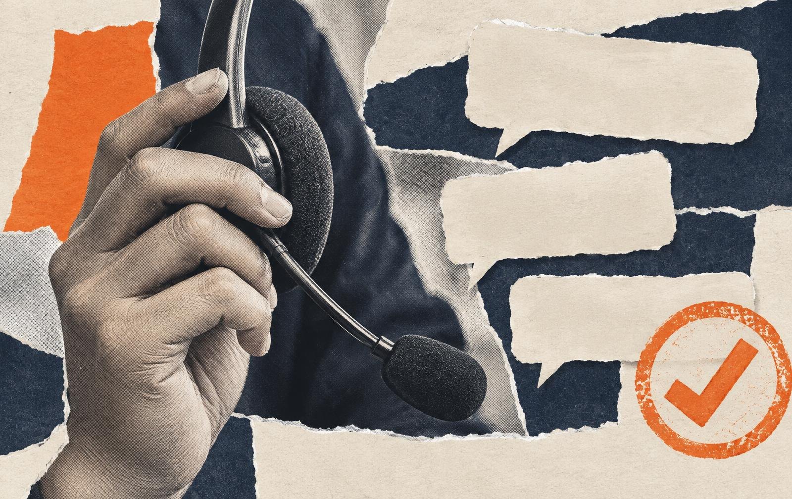 Conceptual collage: a hand holding a customer-service headset beside blank cream message-bubble cut-outs and an orange tick stamp, suggesting digital service backed by human help and quality checks. An illustration; no interface or results shown.